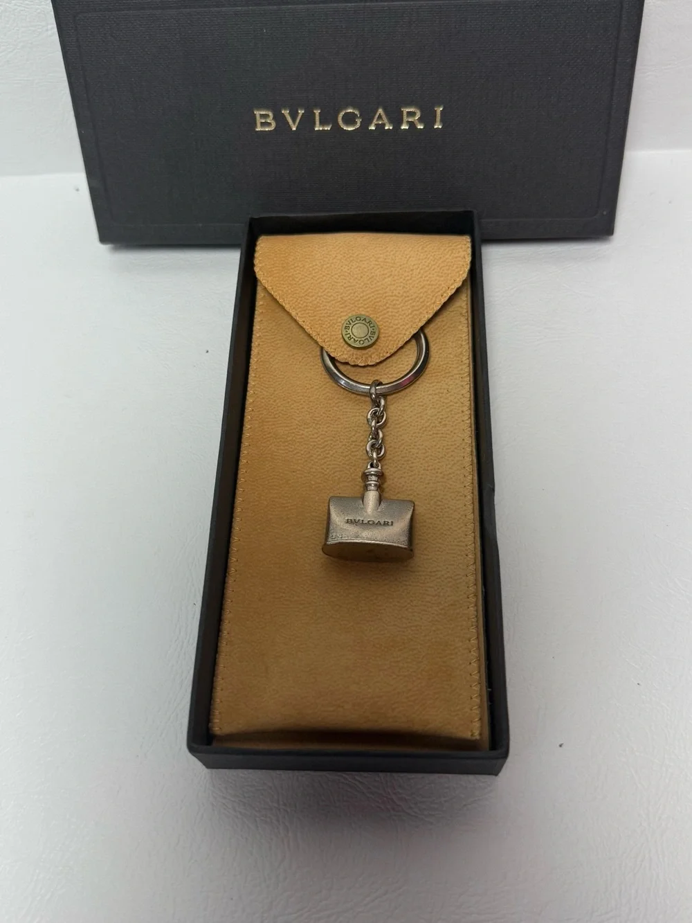 BVLGARI Silver Mini Perfume bottle Keychain with Tan Leather Pouch